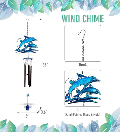 CoTa Global Jumping Dolphins Wind Chime - Handcrafted Glass and Metal Chime - Hanging Dolphins Decoration for Indoor and Outdoor Spaces, Hanging Ocean Animal Windchime Decor Gift - 35 Inches