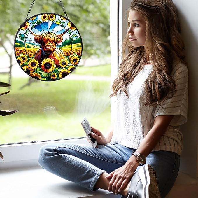 Rngmsi Highland Cow Stained Glass Window Hanging, 7.8" Sunflower Cow Sun Catchers Indoor Window Decor, Suncatchers for Windows Hanging Gifts for Women