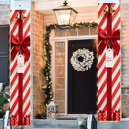 BlissYard Red White Christmas Porch Decorations 12x71 Inch Welcome Hanging Banner Porch Signs for Holiday Decor Gift Box Door Banners for Christmas Winter Home Porch Outdoor Decoration for Front Door