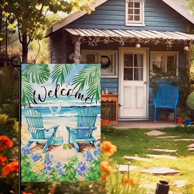 Summer Beach Welcome Garden Flag Nautical Hawaii Coconut Tree Garden Flags Double Sided 12 x 18 Coastal Tropical Yard Flags for Outside Palm Flowers Small Flag Outdoor Decor