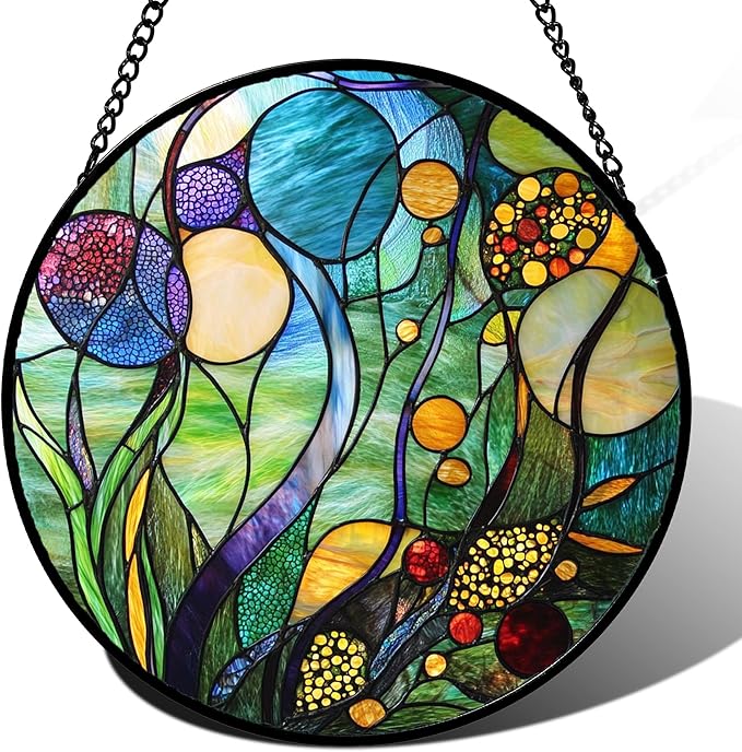 Stained Glass Window Hanging Blue Ocean Water Plants Flower 6.3" - Suncatcher Door Garden Sun Catcher Home Decor Birthday Christmas for Mom Men Woman Nana Friend