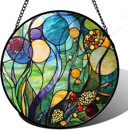 Stained Glass Window Hanging Blue Ocean Water Plants Flower 6.3" - Suncatcher Door Garden Sun Catcher Home Decor Birthday Christmas for Mom Men Woman Nana Friend