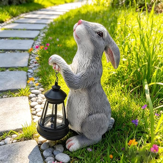 Solar Rabbit Garden Statue with Glowing Lantern - Weatherproof Resin Outdoor Decor for Yard, Patio, Lawn & Balcony, Unique Housewarming, Easter & Birthday Gift for Women, Mom, Grandma