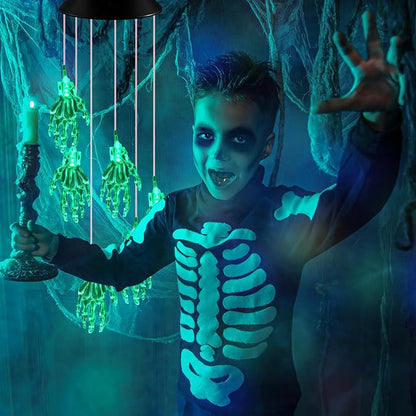 Wonderjune Halloween Solar Wind Chimes for Outside Skeleton Hand LED Color Changing Light Outdoor Mobile Wind Chime for Garden Patio Yard Porch Home Decor