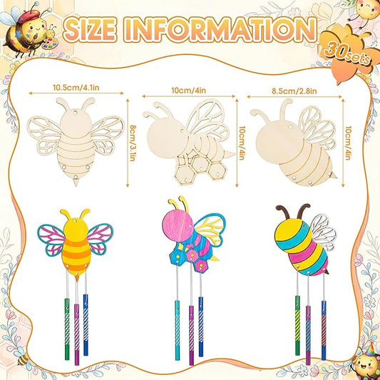 Leinuosen 30 Pcs Bee Wind Chime Kit for Kids Make Your Own Bee Wind Chimes Decorative DIY Coloring Wooden Crafts for Spring Art Activities Garden Home Patio Party Decorations