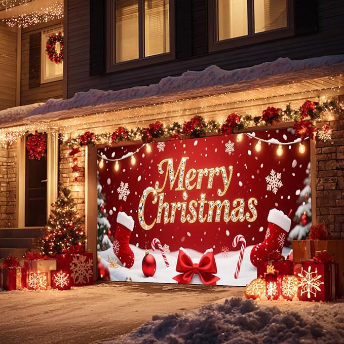 HOMETITUTE Christmas Garage Door Banner 13x6ft Merry Xmas Gold Sign Stockings Candy Bows Ornaments Snowflakes Red Backdrop Outdoor Yard Photo Background Holiday Decoration