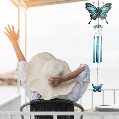 CoTa Global Rustic Blue Butterfly Wind Chime - Handmade Metal and Glass Hanging Decor, Blue and Black Garden Ornament with Copper Tubes, Indoor Outdoor Porch Patio Yard Decoration - 32 Inches