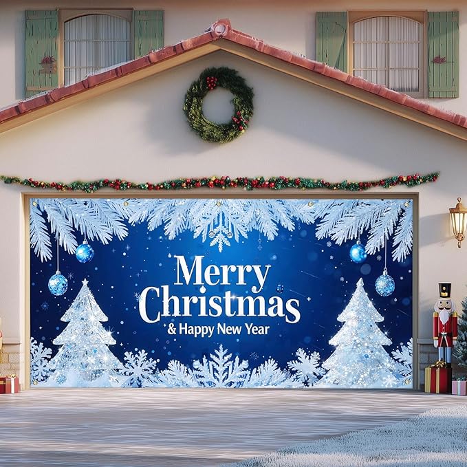 IVN Merry Christmas Happy New Year Garage Door Banner 13x6 ft Christmas Garage Door Wnter Scene Background Indoor Outdoor Blue Snowflake Tree Holiday Decorations for Home Wall Backdrop Decor