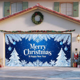 IVN Merry Christmas Happy New Year Garage Door Banner 13x6 ft Christmas Garage Door Wnter Scene Background Indoor Outdoor Blue Snowflake Tree Holiday Decorations for Home Wall Backdrop Decor