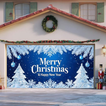 IVN Merry Christmas Happy New Year Garage Door Banner 13x6 ft Christmas Garage Door Wnter Scene Background Indoor Outdoor Blue Snowflake Tree Holiday Decorations for Home Wall Backdrop Decor