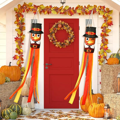 NOVWANG 2 Pcs 40 Inch Turkey Windsocks, Fall Turkey Wind Sock Thanksgiving Outdoor Hanging Flag Autumn Outside Decorations for Garden Lawn Yard Balcony Patio Decor