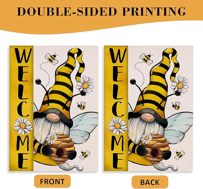 Welcome Spring Summer Bumble Bee Gnome Decorative House Flag, Honeycomb Daisy Flower Spring Garden Yard Outside Decorations, Farmhouse Outdoor Large Home Decor Double Sided 28 x 40