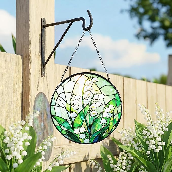 Stained Glass Window Hanging, Lily of the Valley Suncatcher 7.8 in Sun Catcher Boho Wall Art Decor with Chain Diamond Glass Panel Hangings Scenery Sun Catchers Decor for Lover Couple Mom