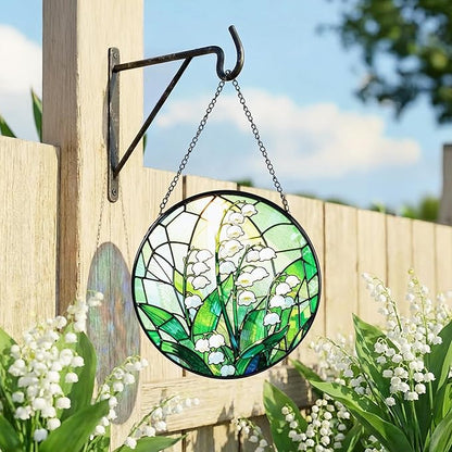 Stained Glass Window Hanging, Lily of the Valley Suncatcher 7.8 in Sun Catcher Boho Wall Art Decor with Chain Diamond Glass Panel Hangings Scenery Sun Catchers Decor for Lover Couple Mom