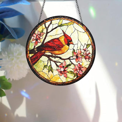 Bimkole Bird Stained Glass Suncatcher Window Hanging - Flowers Design for Indoor Window or Doorway Decoration - 7.87x7.87 inch with Chain and Hook - Unique Home Decor Gift