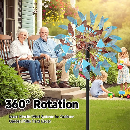 Metal Wind Spinners Outdoor, Kinetic Garden Wndmills,Yard Art Windmill with Metal Stake,Vintage Wind Sculptures & Spinners,Waterproof Pinwheels Large Wind Mill for Patio Lawn Yard Garden(Blue+Brown)