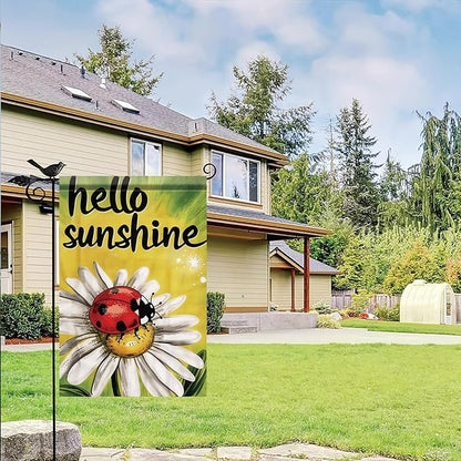 Spring Summer Garden Flag 12x18 Inch Hello Sunshine Ladybug Daisy Floral Art Design Outdoor Yard Porch Lawn Garden for Seasonal Farmhouse Country Home Decor