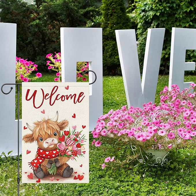 Heyfibro Welcome Valentine's Day Highland Cow Garden Flag 12 x 18 Inch Double Sided Burlap, Floral Heart Bouquet & Red Scarf Yard Flag for Outdoor Romantic Holiday Decoration (ONLY FLAG)