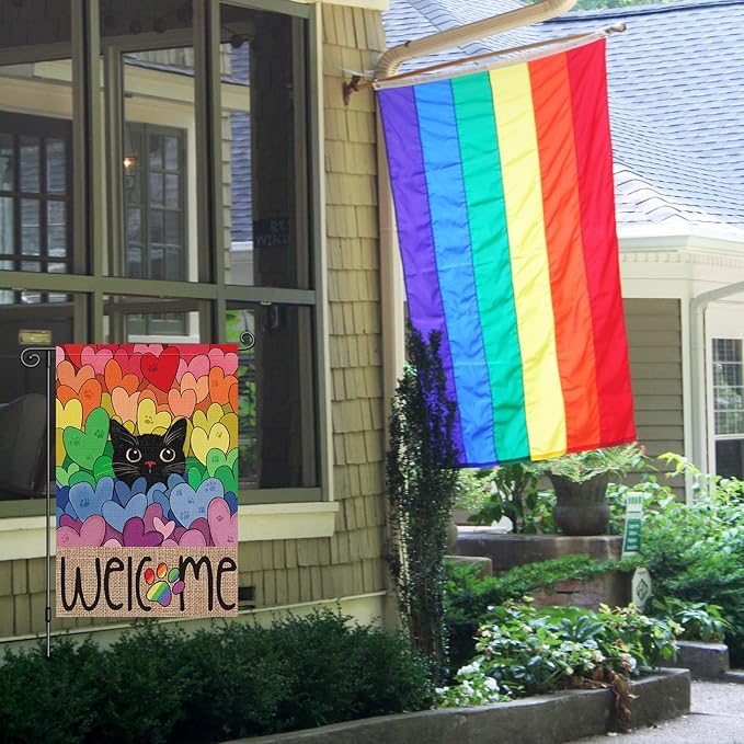 Louise Maelys Pride Garden Flag Rainbow Black Cat 12x18 Inch Double Sided Small Burlap Love Heart Gay Lesbian LGBTQ Yard Outdoor Sign Outside Home House Decor