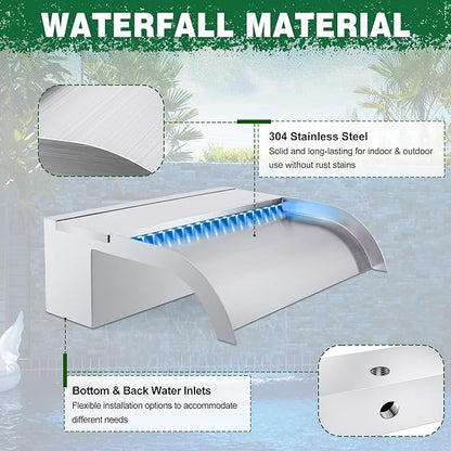 Waterfall Pool Fountain, LONGRUN Stainless Steel Waterfall Spillway for Pools and Ponds - 23.6" Wide Decorative Water Feature for Swimming Pools, Koi Ponds, and Garden