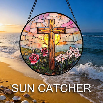 DASTOLL Christian Gifts for Women - Cross Stained Glass Window Hanging Easter Pink Flower Sunset Landscape Sun Catcher Garden Religion Decor Mother's Day Catholic Gift for Men Grandma Nana Her 11.8"