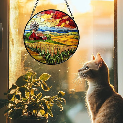Stained Glass Window Hanging Autumn Farm Corn Harvest Landscape 6.3" - Suncatcher Garden Door Sun Catcher Home Decor Birthday Christmas for Woman Mom Friend Men Nana