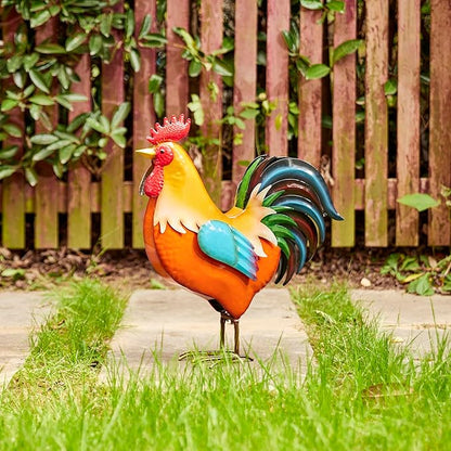 Glitzhome 21" Metal Vibrant Rooster Yard Decor, Outdoor Garden Statues, Vivid Chicken Sculptures for Backyard Kitchen Lawn Porch Farm Decor