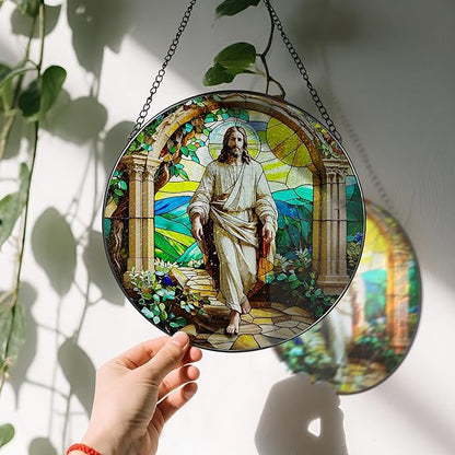 Stained Glass Suncatcher, Christian Sun Catcher Ornament; Stained Glass Window Hanging, Christmas Ornament, Religious Home Decor; Christian Gifts, Religious Gifts, Jesus Gift for Easter or Christmas