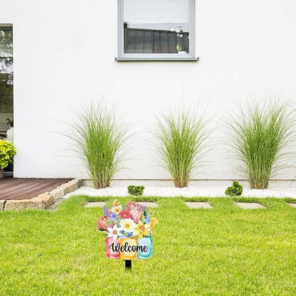 Decorative Garden Stakes, Welcome Yard Sign, Metal Arrangement Ornaments for Courtyard Lawn, Rusty Outdoor Decortions for Easter Housewarming (H)