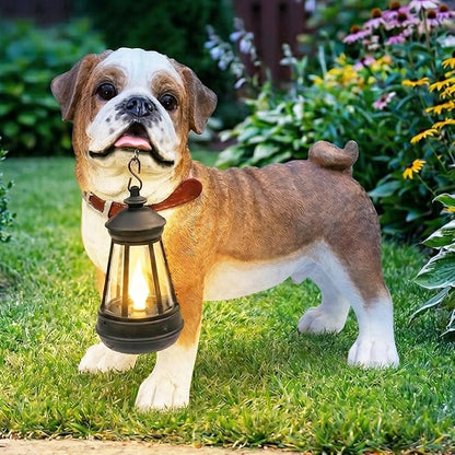 Pug Dog Garden Statue with Solar Lantern Light, Outdoor Bulldog Sculpture with Welcome & On Patrol Sign, Resin Animal Figurine for Patio Yard Lawn Porch Decor, Dog Lover Gifts