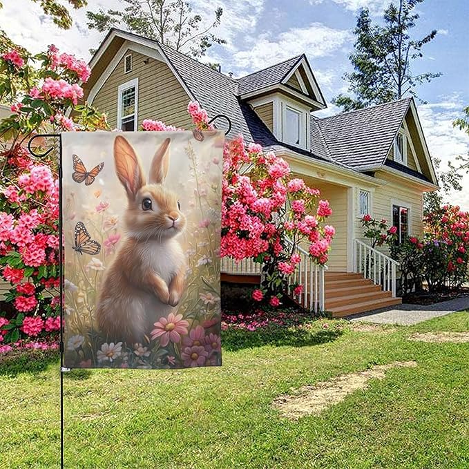 Bunny and Colorful Flowers Garden Flags 12×18 Inch Spring Summer Double Sided Decorative Yard Banner Seasonal Flag for Outdoor Outside Decor