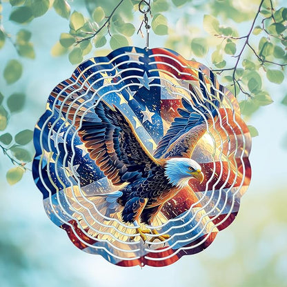 Eagle Flag Wind Spinner Outdoor, USA 250th Anniversary Wind Chime, 8 Inch 3D Metal Garden Wind Spinner, Stainless Steel Patriotic Yard Hanging Decor Gift