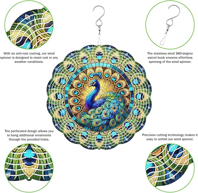 Peacock Wind Spinner, 3D Hanging Stainless Steel Garden Spinner, Wind Spinner Hanging for Outdoor & Indoor Décor, Unique Gifts for Yard Garden Decoration or Patio Décor (Peacock)