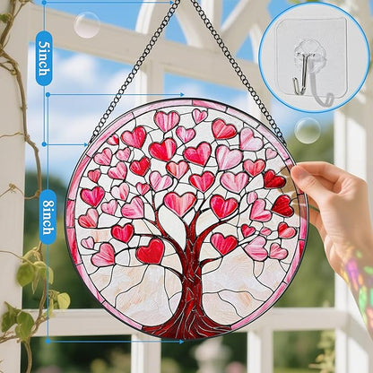 Stained Glass Window Hanging - 8 Inch Love Heart Tree Sun Catcher, Suncatcher Window Decor | Anniversary, Birthday, Christmas, Mother's Day, Valentine’s Day Gifts for Lover, Wife, Girlfriend, Mom