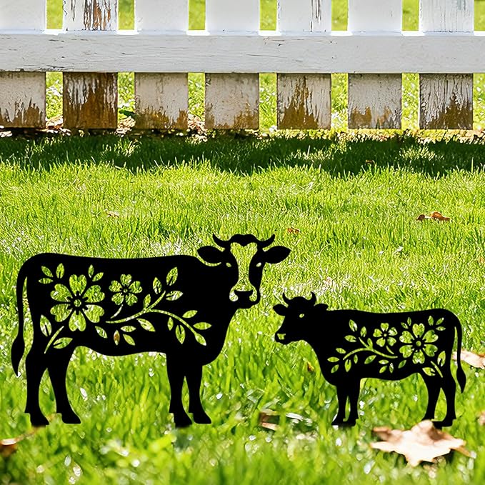 GLOBLELAND 2 Pcs Pattern Cow Garden Stakes Animals Metal Decorative Garden Stakes Metal Yard Signs Decoration for Lawn Patio Yard Garden Decor