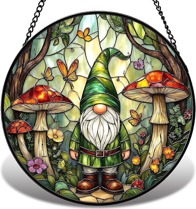 Gnome Stained Glass Suncather for Window Hanging with Mushroom & Butterfly, 9'' Forest Gnome Ornament Gift for Women, Whimsical Home Decor Gifts for Mom Grandma (Green Gnome, 9'')