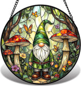 Gnome Stained Glass Suncather for Window Hanging with Mushroom & Butterfly, 9'' Forest Gnome Ornament Gift for Women, Whimsical Home Decor Gifts for Mom Grandma (Green Gnome, 9'')