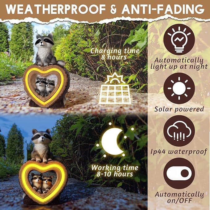 Thyle Solar Raccoon Family Garden Statue with Heart Light 9 Inch Raccoon Solar Lights Statue Outdoor Decor Windproof Waterproof for Outside Yard Garden Lawn Home Decor Mother Gifts for Women Mom