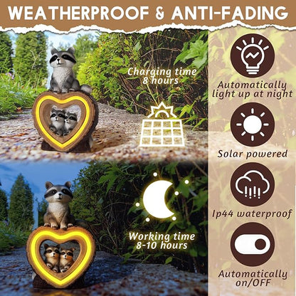 Thyle Solar Raccoon Family Garden Statue with Heart Light 9 Inch Raccoon Solar Lights Statue Outdoor Decor Windproof Waterproof for Outside Yard Garden Lawn Home Decor Mother Gifts for Women Mom