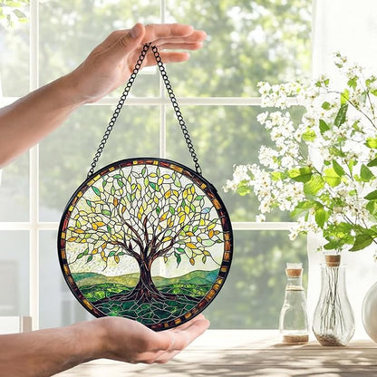 Tree of Life Suncatchers Stained Glass Window Hanging, Tree of Life Decor Sun Catchers Indoor Window Glass Round Wall Decor, Nature Wall Hanging Decorations, 7.9x7.9in