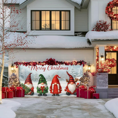 IVN Christmas Garage Door Cover Decoration 13x6ft Gnomes Snow Scene White Background Gift Tree Merry Christmas Garage Door Banner Home Door Front Yard Decor for Xmas Eve Holiday Outdoor