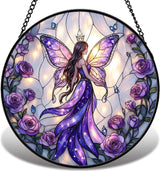 Fairy Stained Glass Suncather for Window Hanging with Butterfly Wing, 6.3'' Purple Fairy Ornament Gift for Women, Whimsical Wall Art Home Decor Gifts for Mom, Grandma (Purple Fairy, 6.3'')