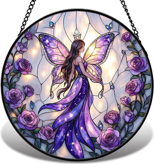 Fairy Stained Glass Suncather for Window Hanging with Butterfly Wing, 6.3'' Purple Fairy Ornament Gift for Women, Whimsical Wall Art Home Decor Gifts for Mom, Grandma (Purple Fairy, 6.3'')