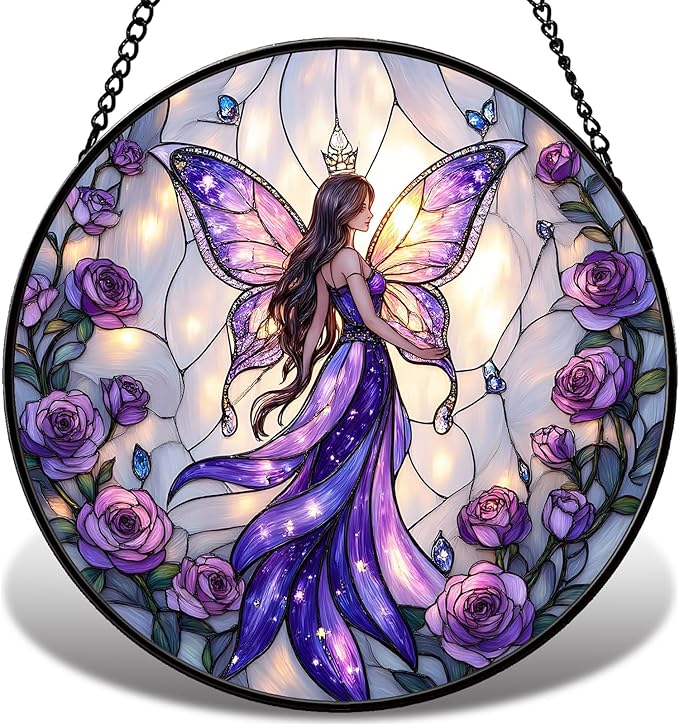 Fairy Stained Glass Suncather for Window Hanging with Butterfly Wing, 7.9'' Purple Fairy Ornament Gift for Women, Whimsical Wall Art Home Decor Gifts for Mom, Grandma (Purple Fairy, 7.9'')