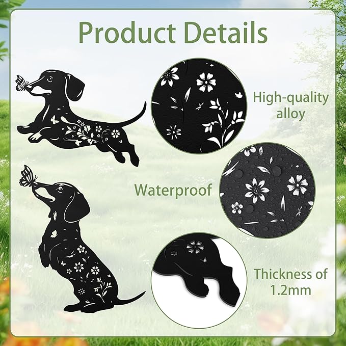 Romart Dachshund Decorative Garden Stakes, 3 Pcs Wiener Dog Gifts Metal Garden Stakes for Women Men, Dachshund Butterfly Flower Outdoor Yard Art Lawn Decor