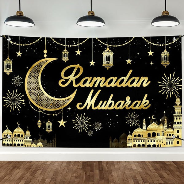 Large Ramadan Banner Decorations Outdoor 72x44 Inch,Eid Ramadan Mubarak Kareem Ramadan Photography Banner for Muslim Indoor Home House Decor Party Supplies,Yard Sign Photography Background Black Gold
