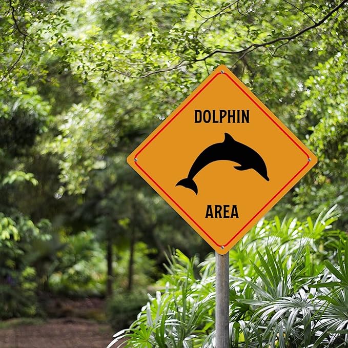 Dolphin Crossing Sign Caution DolphinXing Sign Street Sign Wildlife Novelty Road Fence Wall Decor Warning Metal Tin Sign For Indoor Outdoor 15x15in