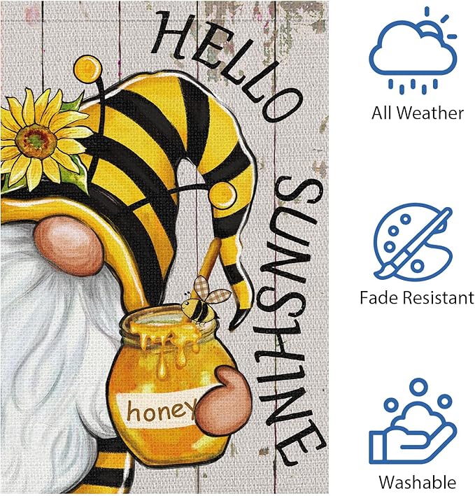 Heyfibro Hello Sunshine Summer Gnome Garden Flag 12x18 Double Sided Burlap Spring Sunflower Small Yard Banner for Rustic Seasonal Outside Outdoor House Decoration (ONLY FLAG)
