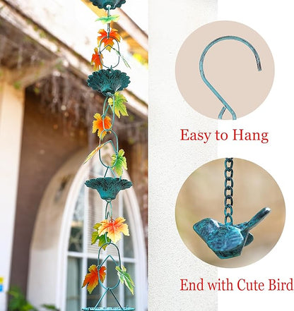 Fall Color Maple Leaf and Cup Rain Chains for Gutters, Rain Chains for Outside 8.5 Ft Decorative Rain Chain, Metal Rain Catcher Chain Outdoor Fall Decorations Harvest