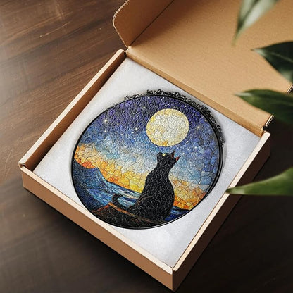 Black Cat Starry Night Stained Glass Suncatcher Window Hanging Decor for Garden, Cat Suncatcher Window Panel Gifts for Cats Lovers, Memorial Gifts for Pet Loss Sympathy Gift for Outdoor Decorations